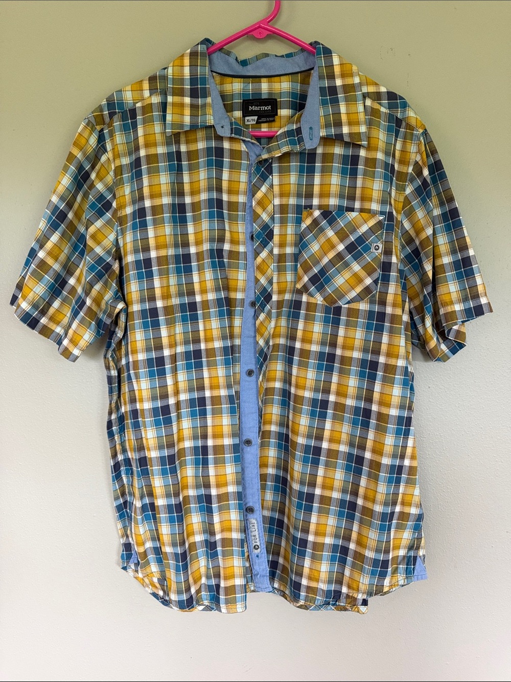 Men’s Marmot Short-Sleeve Plaid Button-Down Shirt in Yellow and Blue